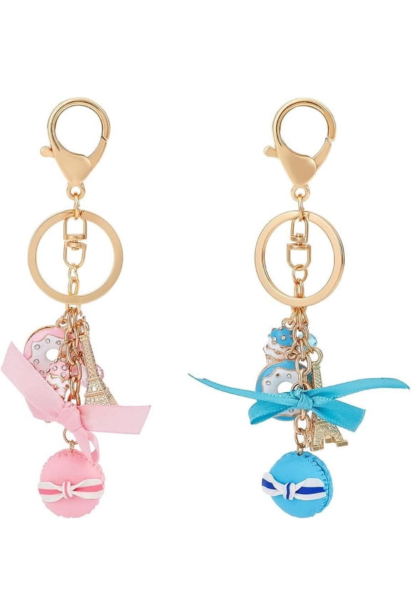 2 Colors Macaron Cake Keychain 5.6 Inch Ice Cream Tower Pendant Keyring Holder Bowknot Donut Pattern Car Key Chain for Wallet Purse Backpack Handbag Decorations DIY Accessories Making Gray