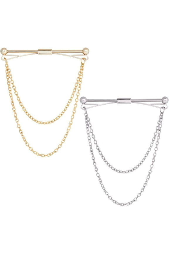 2 Colors Mens Shirt Collar Pins Necktie Tie Cravat Pin Clips With Chain Lapel Pin Collar Bar Tassel Brooch Gold Silver Tone for Men Classic Collar Clip Men's Business Wedding Gift