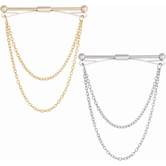 2 Colors Mens Shirt Collar Pins Necktie Tie Cravat Pin Clips With Chain Lapel Pin Collar Bar Tassel Brooch Gold Silver Tone for Men Classic Collar Clip Men's Business Wedding Gift