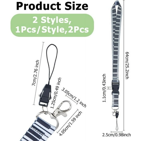 2 Colors Musical Notes Lanyard Detachable Key Card Holder Lanyard Neck Lanyard with Quick Release Buckle and Hook Black White Music Lanyard