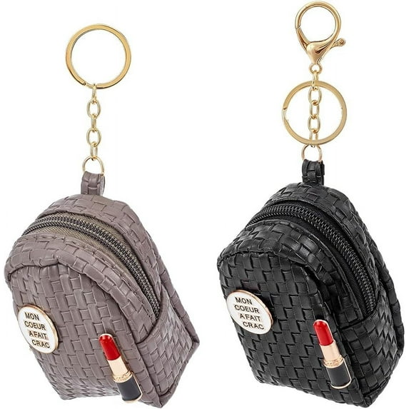 2 Colors PU Leather Coin Purse Keychain Mini Wallet Keychain Small Backpack Coin Pouch Pendant Charm Zip Bag with Lipstick Printed for Change Keys Earphone Lipstick Storage Coffee+Black