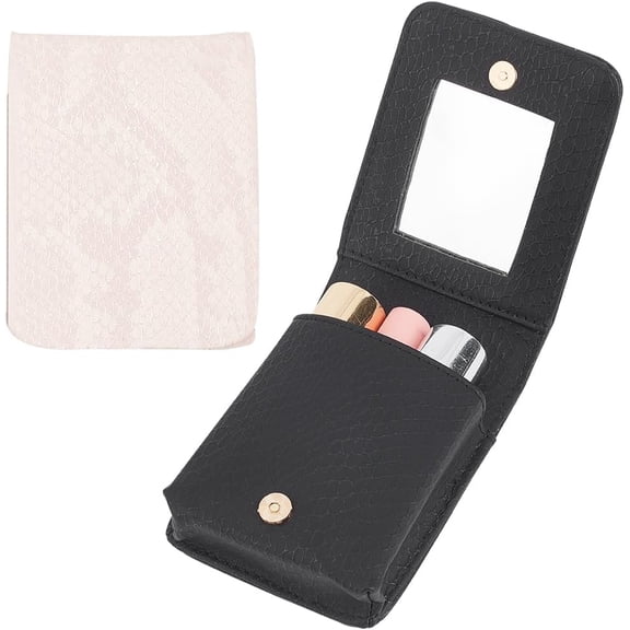 2 Colors PU Leather Makeup Lipstick Case 2pcs Small Makeup Bag for Purse Lipstick Holder Pouch with Mirror and Snap for Women Outside Mini bag Travel Cosmetic Pouch Clutch 4.2x3.2x1.1 Inch