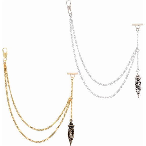 2 Colors Pocket Watch Chain with Vintage Hollow Pendant Metal Vest Chain for Men Curb Link with T Bar and Lobster Clasps for Pocket Watch Birthday Gift