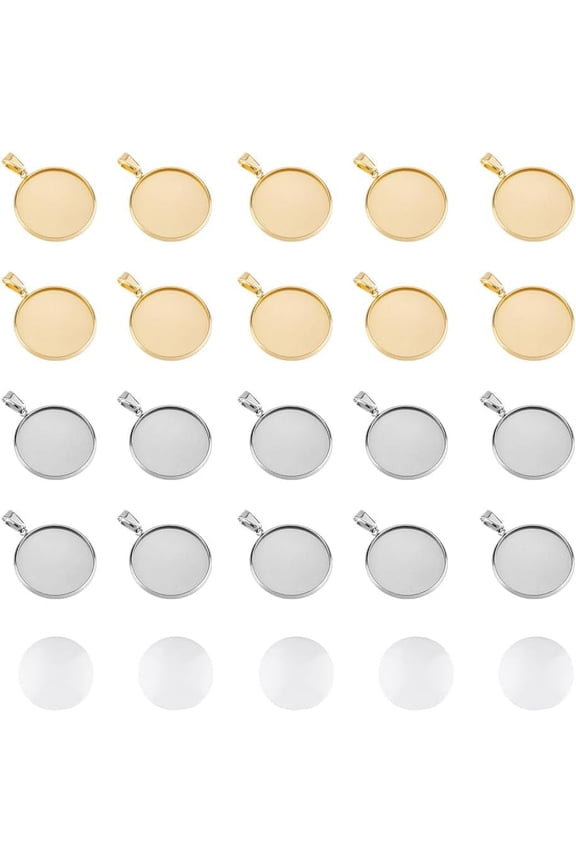2 Colors Stainless Steel Blank Pendant Kit 20pcs 2 Colors 25mm Blank Bezel Pendant Tray with 20Pcs Glass Cabochons Round Cabochon Bezel Settings for Jewelry Making