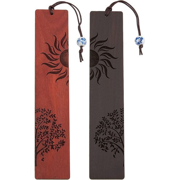 2 Colors Sun Tree of Life Wood Bookmarks Handmade Bookmark Unique Engraving Wood Bookmarks with Porcelain Bead Tassels for Teachers Students Men and Women Multi-color