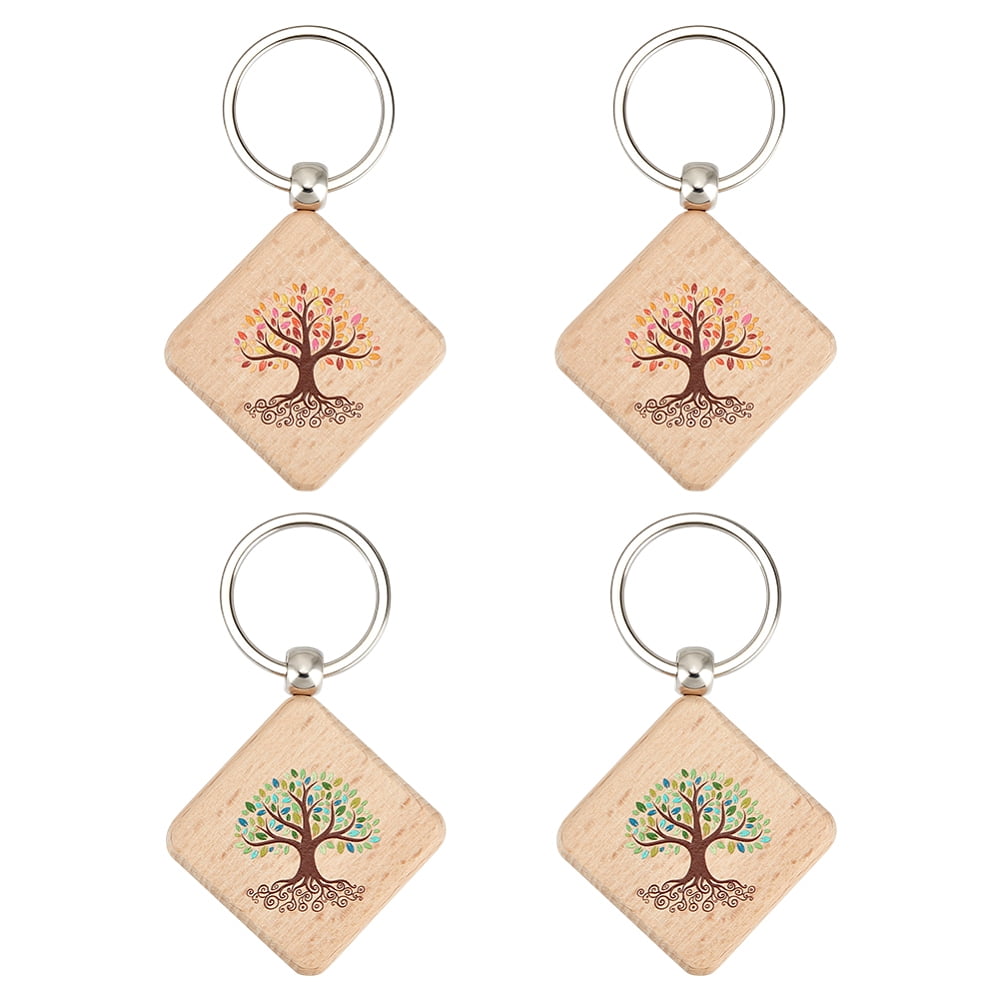 May Tree Keychain 2 Colors Tree of Life Keychain 4pcs Wooden Keyring with Tree Pattern ...