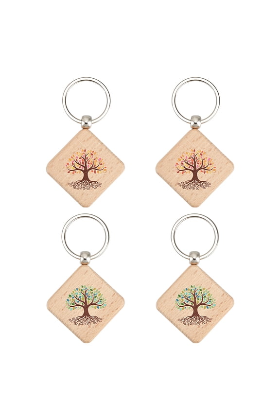 2 Colors Tree of Life Keychain 4pcs Wooden Keyring with Tree Pattern Lucky Charm Keychains Rhonbus Key Chain Bag Charms