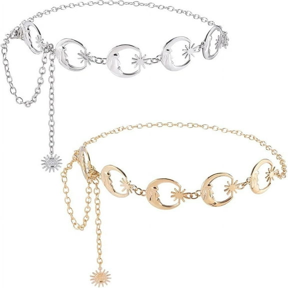 2 Colors Waist Chain Metal Belly Chain Belt Adjustable Long Chain Link Belts Gold Alloy Body Chains for Shirt Dress Pants Bikini Women Body Decoration Accessories DIY Moon