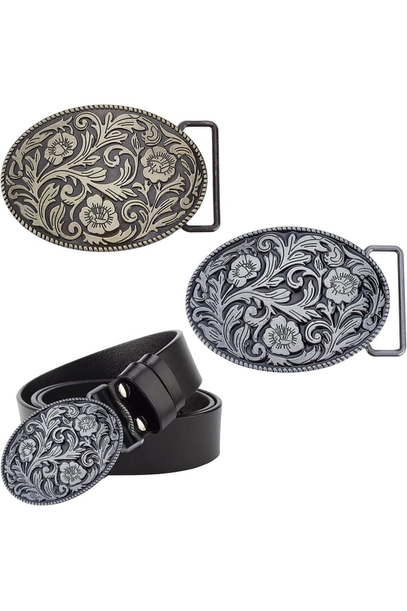 2 Colors Western Cowboy Belt Buckles Floral Engraved Leather Belt Buckle Vintage Oval Belt Fastener for Men Large Handmade Belt Buckle 3.22.30.2inch