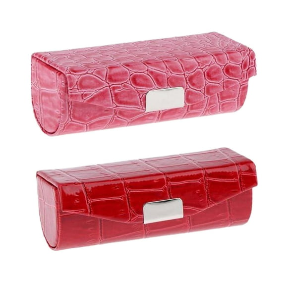 2 Colors Women Ladies PU Simple Lipstick Case with Rectangular Mirror Holder for Red Rose Red