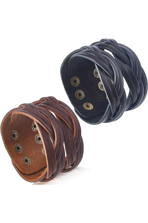 2 Colors Women Leather Punk Bracelet Bangle Wristband Punk Leather Cuff Bracelet Adjustable Edgy Straps Wrap Bracelets Arm Armor Cuff Gothic Genuine Leather Wristbands
