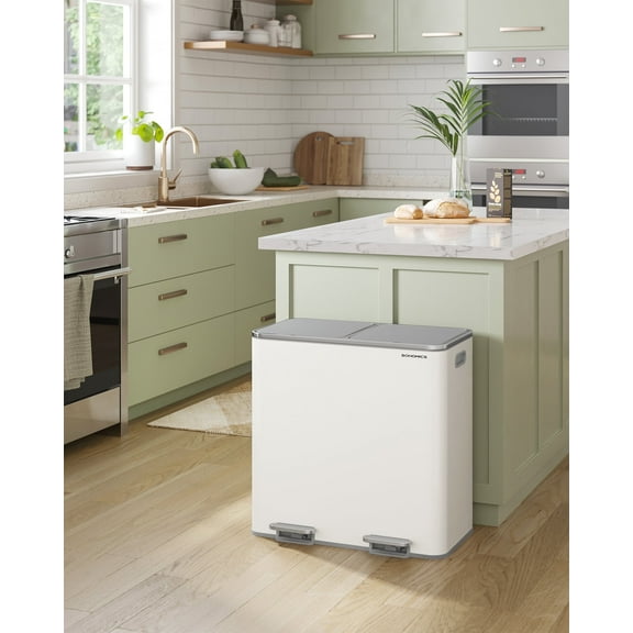 10.6 Gallon Dual Compartment Trash Can - Hands-Free Pedal Kitchen Bin with 15 Bags, Airtight Lids & Removable Buckets, White and Gray