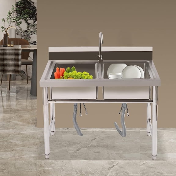 2 Compartment Commercial Stainless Steel Sink,Free Standing Utility Double Bowl Restaurant Sink,Kitchen Prep & Utility Sink for Home Garage Bar Laundry Room 39.3" L23.6" W31.5" H