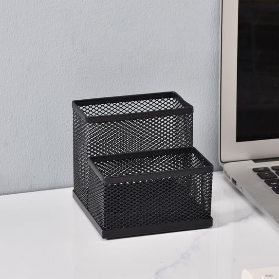 2-Compartment Desk Organizer & Pen Holder, High-Grade Multi-Functional Stationery Storage Box for Office Home, Sleek Desktop Caddy for Pens Pencils Small Supplies, Black, 4.13*4.13*3.82in