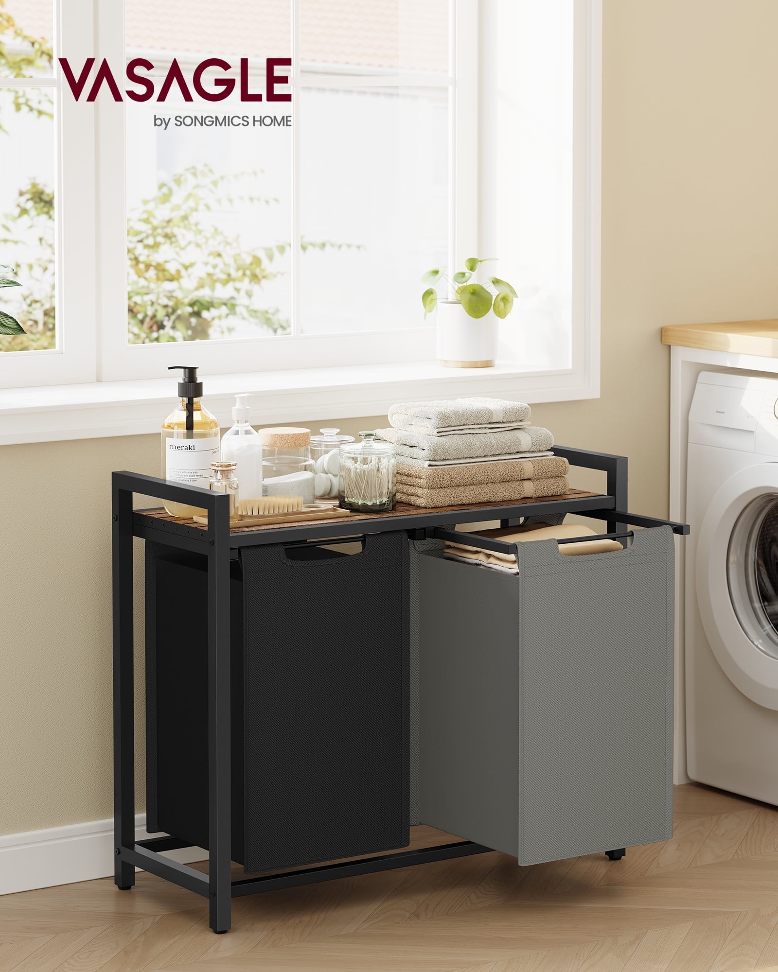 2-Compartment Laundry Hamper with Removable Bags & Storage Shelf – Sturdy Metal Frame, 24.2 Gallons Capacity, Foldable Design, Bicolor & Rustic Brown