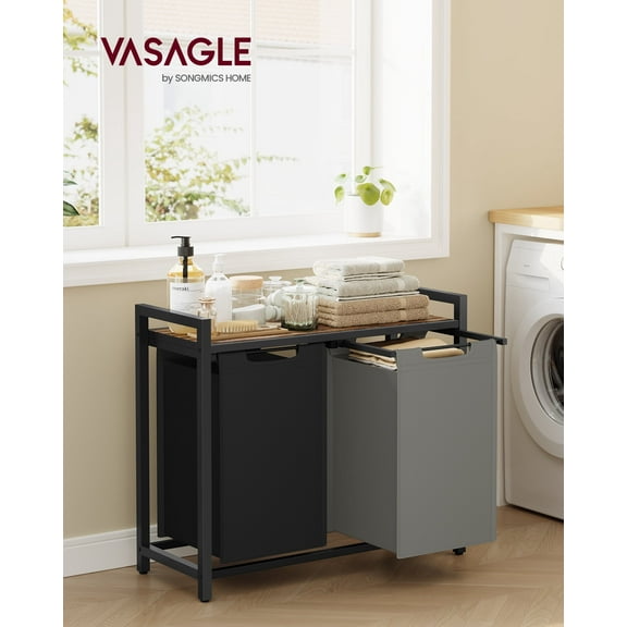 2-Compartment Laundry Hamper with Removable Bags & Storage Shelf Sturdy Metal Frame, 24.2 Gallons Capacity, Foldable Design, Bicolor & Rustic Brown