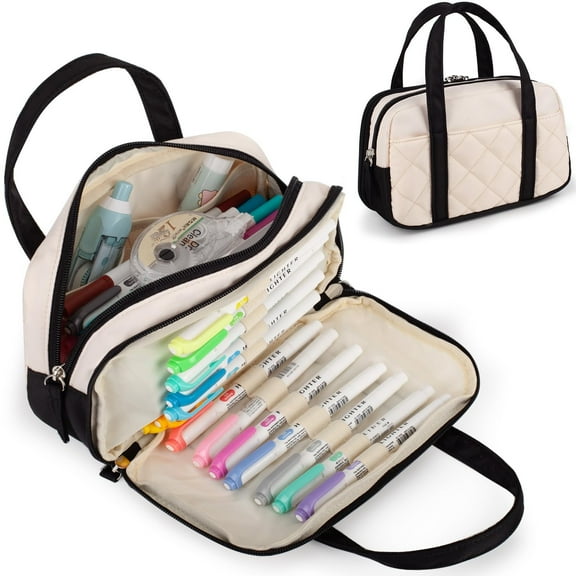 2 Compartment Pencil Box, Pencil Case for Girls, Zipper Pencil Bag with Handle, Large Capacity Pencil Pouch Organizer Aesthetic,Womens Soft Marker Pouch for Middle School Office College