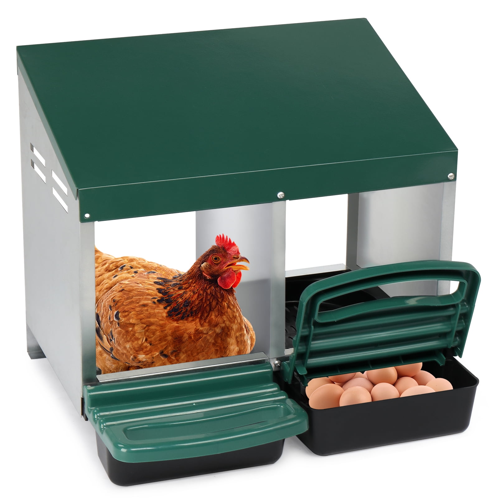 2 Compartment Poultry Chicken Nesting Box, Weather Resistant Steel Plastic Hen Laying Nest Box with Sloped Ventilated Bottom, Private Egg Laying Habitat for Chickens Ducks Coop Farm Use