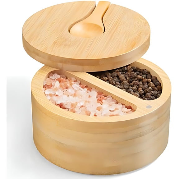 2-Compartment Salt Box with Lid and Spoon, Bamboo Salt Cellar with Swivel Lid, Salt and Pepper Bowls for Salt & Spices, Dual 6 oz Salt Container