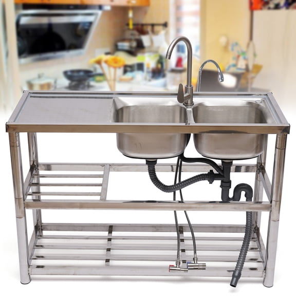 2 Compartment Stainless Steel Commercial Kitchen Utility Sink w/ Prep Table