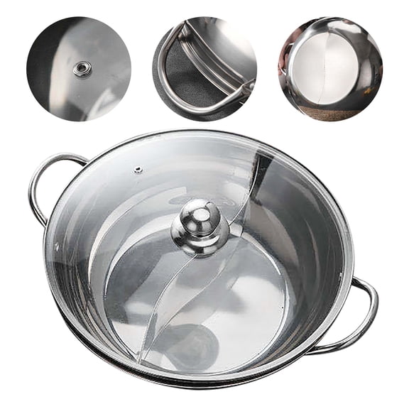 2-Compartment Stainless Steel Hot Pot - 1.32Gal Double-Flavor Pot with Glass Lid