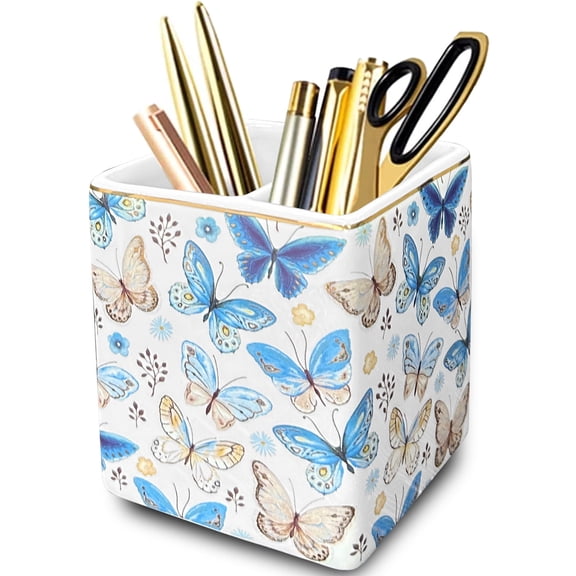 2 Compartments Ceramic Pencil Pen Holder Cup,Desk Accessories Holder,Makeup Brush Storage Organizer,Modern Design Desktop Stationery Organizer for Office School Home Supplies