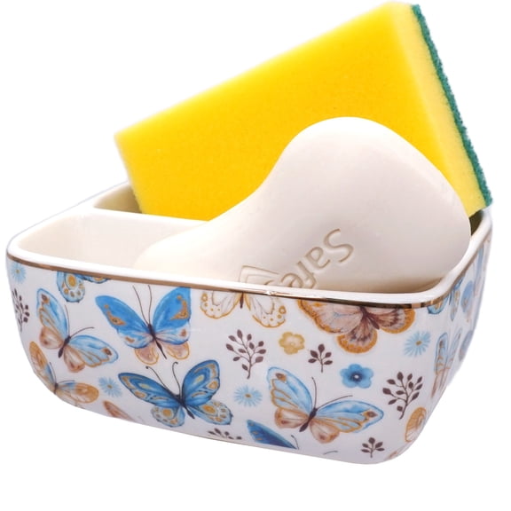 Ceramic Kitchen Soap Dispenser with 2 Compartments Sponge Holder Sink Caddy Organizer for Dish Soap, Sponge and Cleaning Supplies