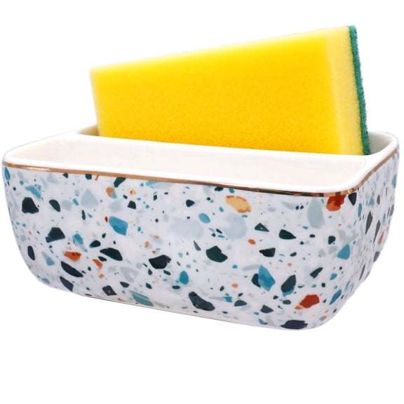 J.west Ceramic Sponge Holder Marble Kitchen Non-Slip Sink Caddy Box Set with 2 Compartments Sponge Holder, Blue