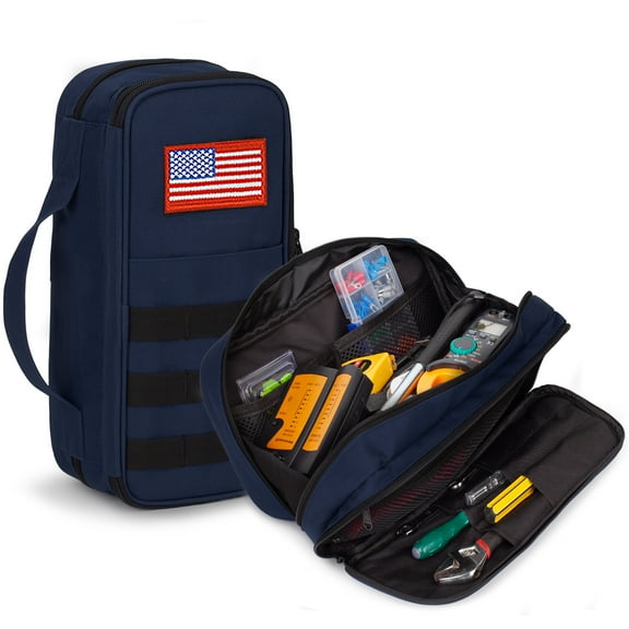 2 Compartments Tool Bag Organizer 12.5" with Webbing and Zippers, Heavy Duty Portable Utility Tool Pouch Wide Mouth, Water Resistant, EDC Case for Mechanics, Electricians, Motorcycle(Blue)