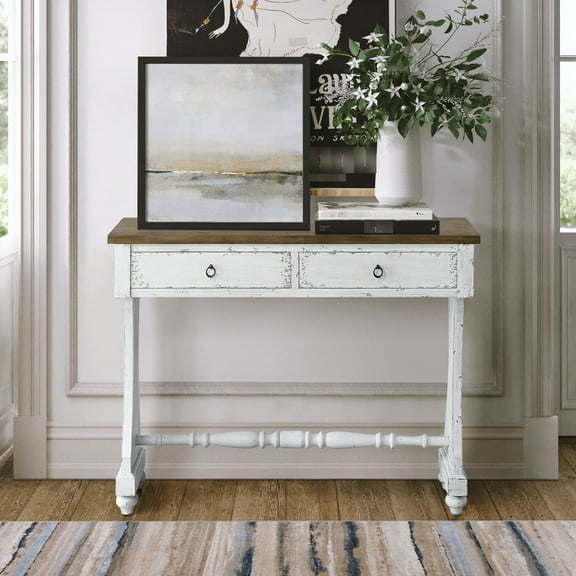 2 Console Table In Antique White - Organize Your Space Smooth Operation Construction With Dt French Front And 3/4 Extension Drawer Glides 2 Drawers For Tidy Daily Storage Function Wooden Side