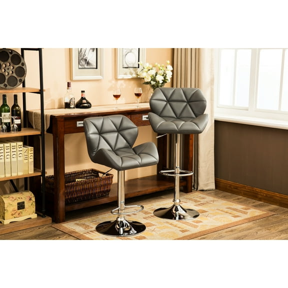 Of 2 Contemporary Bar Stools In Grey. Hydraulic Adjustable Height With Diamond- Pu Leather Seat. Foot Rest For Added Comfort. 16.5" Stable Base. Chair: 20.5"x20.63"x(35-43.25)"h, Seat: