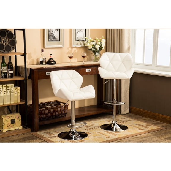 2 Contemporary Bar Stools In White - , Hydraulic Adjustable Height, Convenient Foot Rest (2) Pu Leather Seat, Built-in For A Cozy, Comfortable And Relaxing Sit