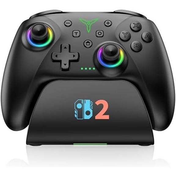 2 Controller Compatible with 2//OLED/Lite - Hall Effect Joystick & Trigger - 7 Color RGB Pro Controller with Dock, Macros, Turbo, KeyLinker App - Black
