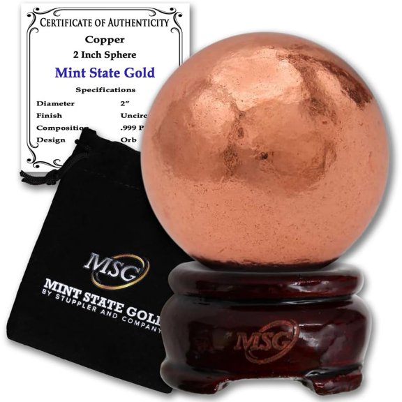 2" Copper Sphere 99.9% Pure Solid Element Orb with Certificate of Authenticity