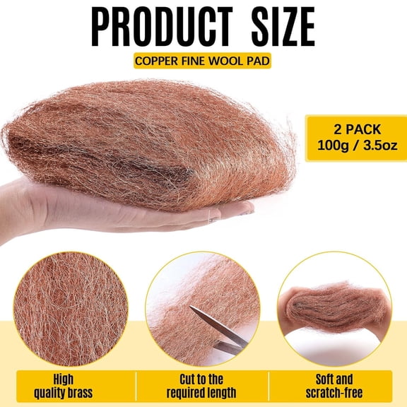 2 Copper Wool Pads, 3.5 Oz Each, Fine Wire Scrubbing Pads for Polishing and Cleaning Furniture, Tools, and Marine Surfaces