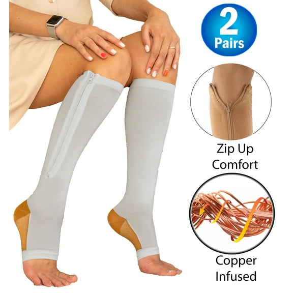 2 Copper Zipper Compression Socks w/ Open Toe Knee High Support Stockings - Soft, Breathable Compression Socks For Support, Reduce Swelling & Better Circulation - Grey Medium