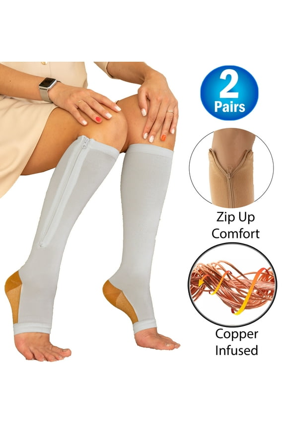 2 Copper Zipper Compression Socks w/ Open Toe Knee High Support Stockings - Soft, Breathable Compression Socks For Support, Reduce Swelling & Better Circulation - Grey Medium