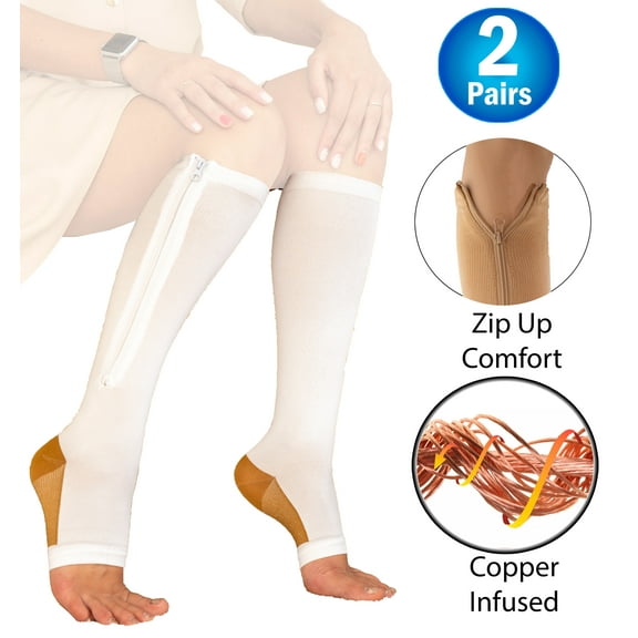 2 Copper Zipper Compression Socks w/ Open Toe Knee High Support Stockings - Soft, Breathable Compression Socks For Support, Reduce Swelling & Better Circulation - White Large