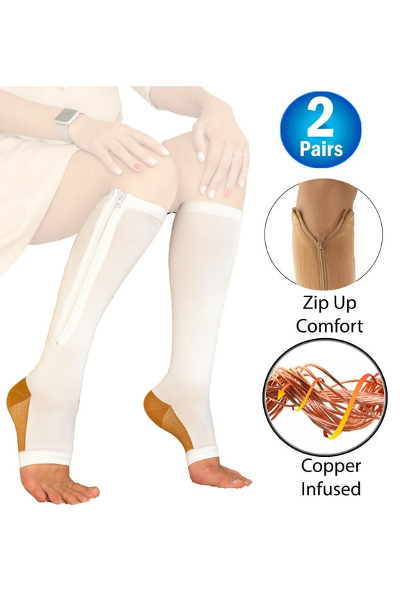 2 Copper Zipper Compression Socks w/ Open Toe Knee High Support Stockings - Soft, Breathable Compression Socks For Support, Reduce Swelling & Better Circulation - White Large