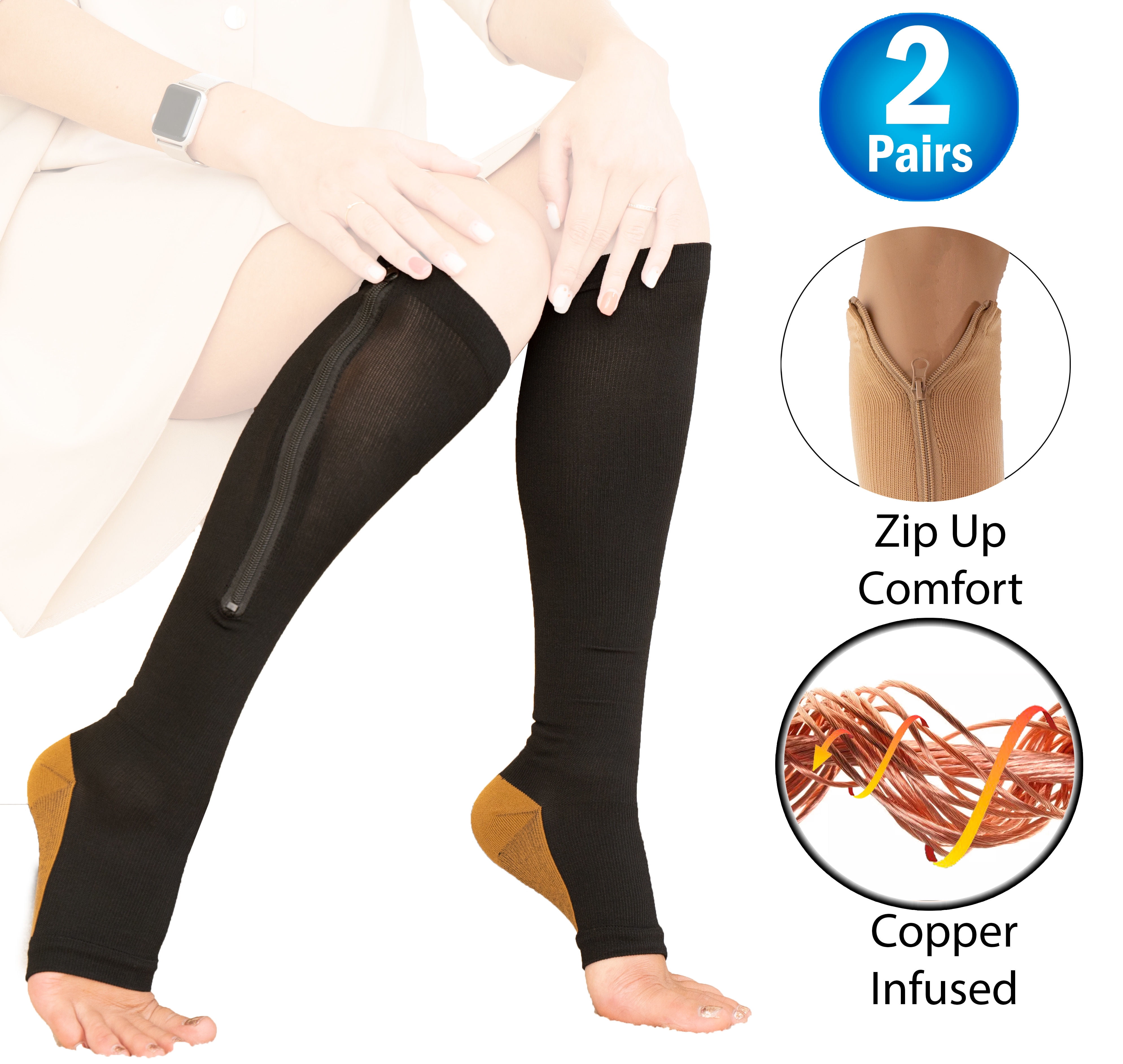 2 Copper Zipper Compression Socks w/ Open Toe Knee High Support