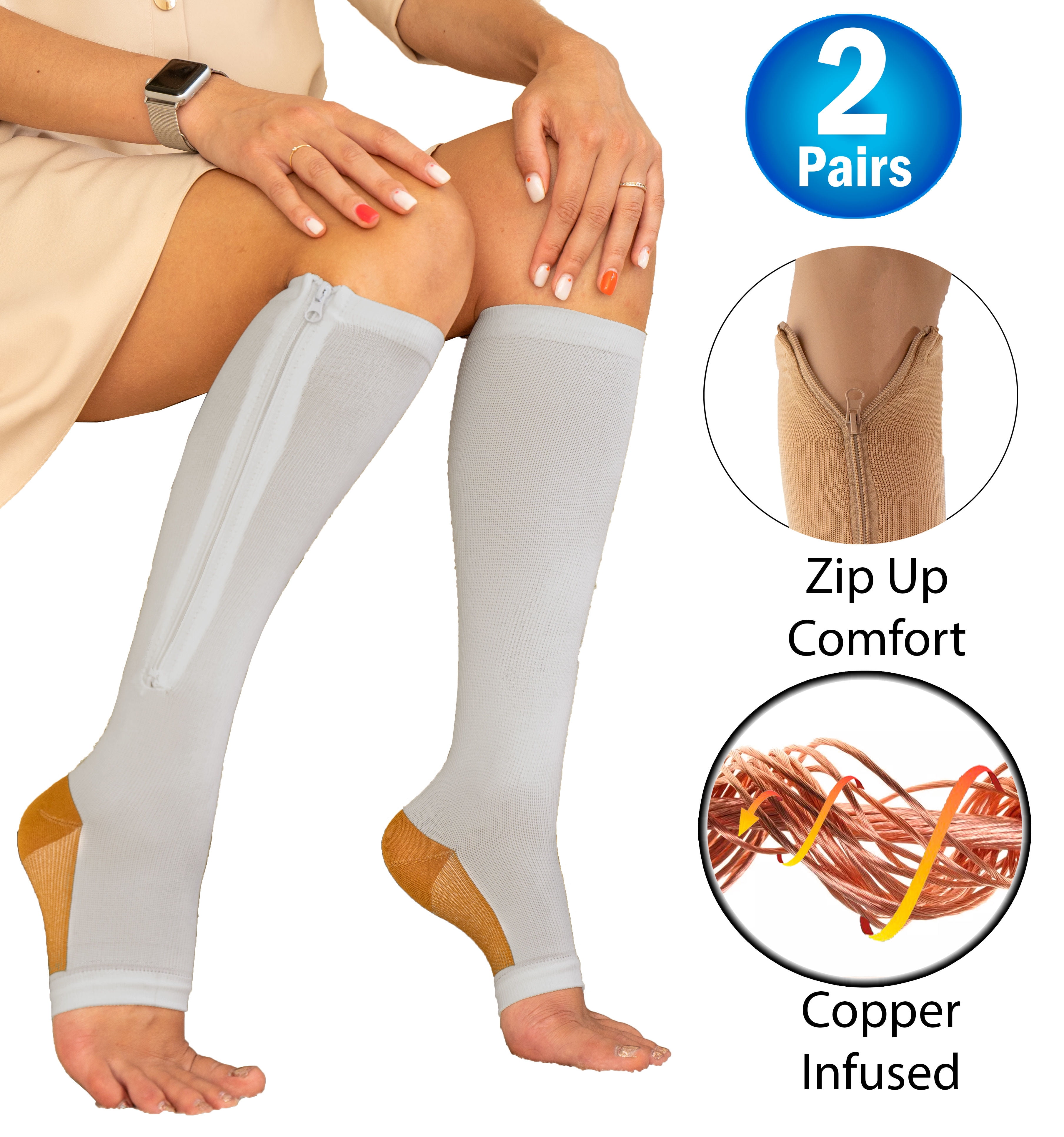 2 Copper Zipper Compression Socks w/ Open Toe Knee High Support