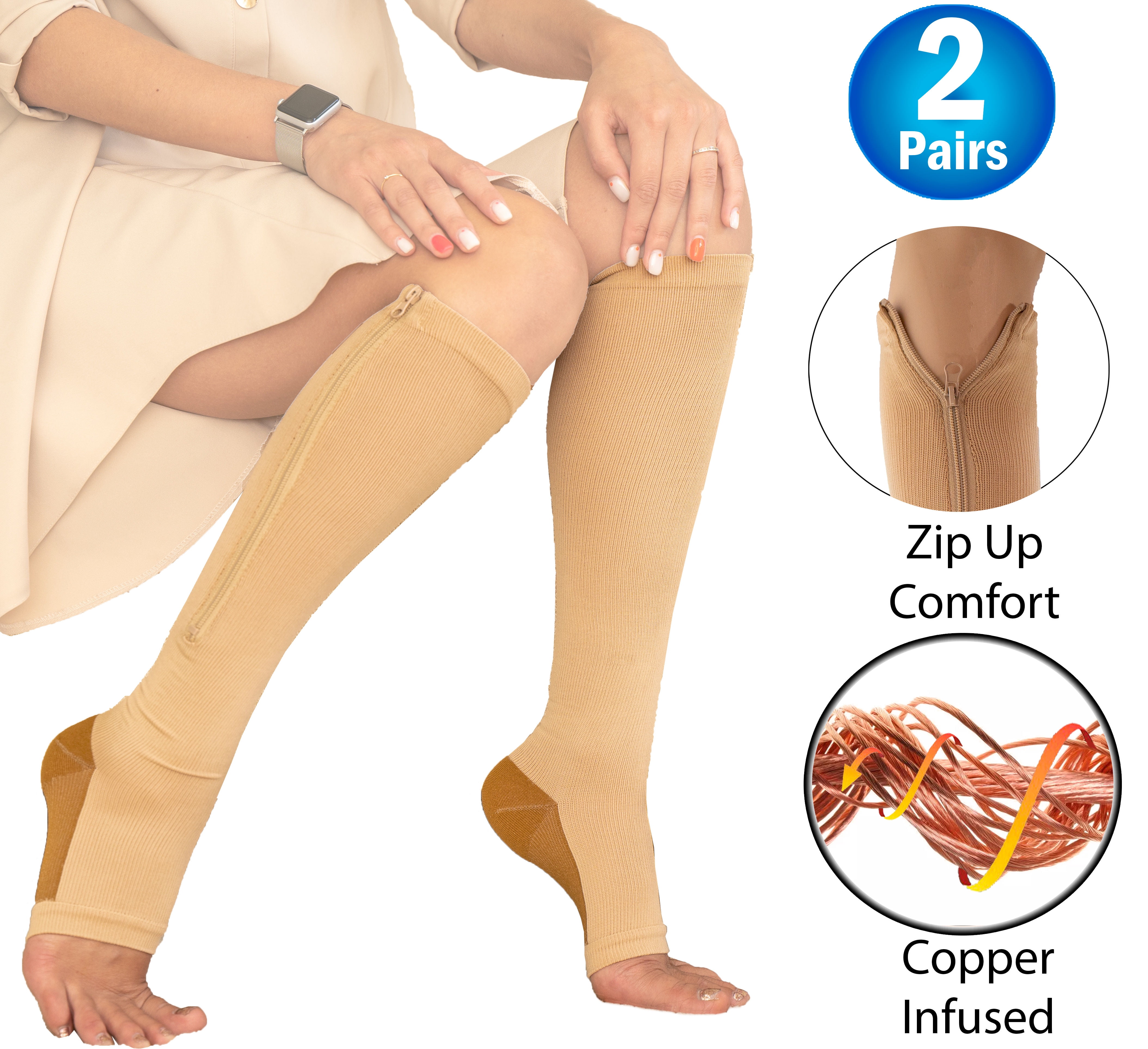 2 Copper Zipper Compression Socks w/ Open Toe Knee High Support Stockings -  Soft, Breathable Compression Socks For Support, Reduce Swelling & Better