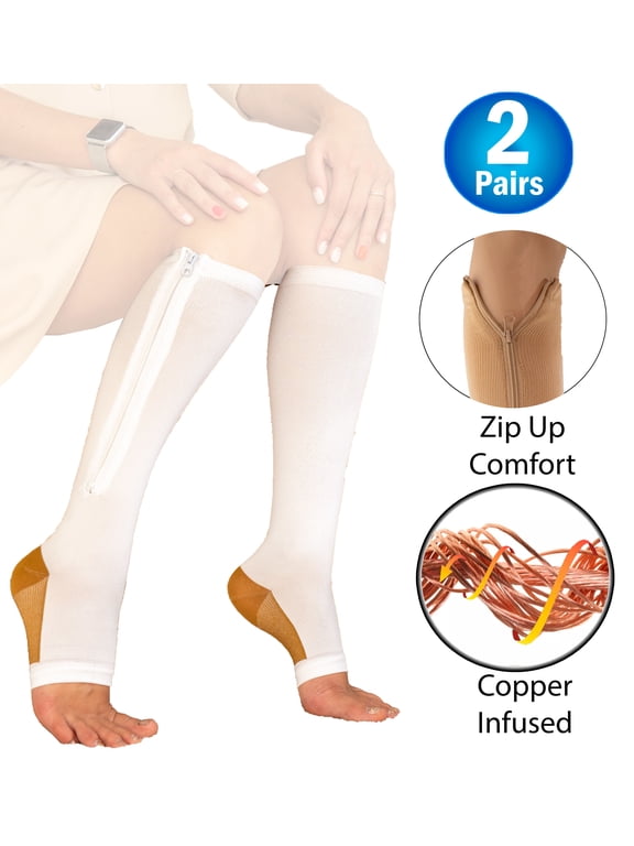 2 Copper Zipper Compression Socks w/ Open Toe Knee High Support Stockings - Soft, Breathable Compression Socks For Support, Reduce Swelling & Better Circulation - White 2X-Large