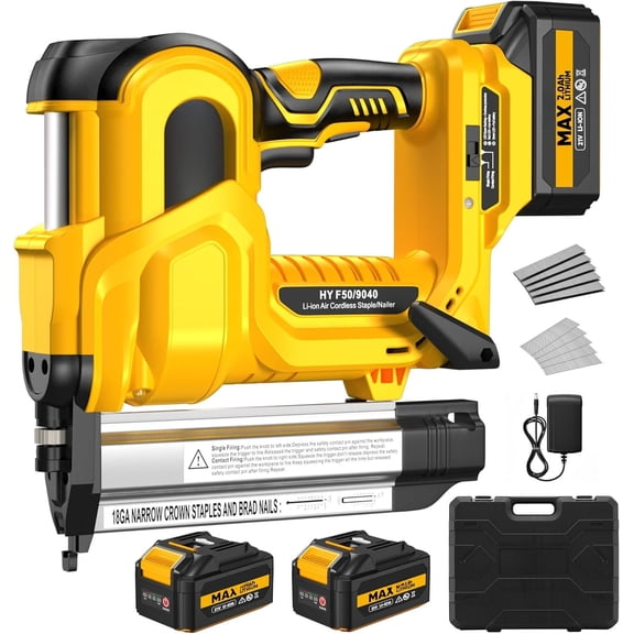 2" Cordless Brad Nailer, 2-in-1 21V Brad Nailer with 2 * 2.0Ah , 1000 count Nails, 18GA Staples, Adjustable Depth for Woodworking, Improvement, yellow
