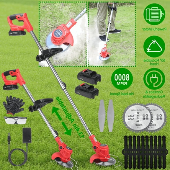 2- Cordless Grass Trimmer, 8000 RPM, Adjustable 37 to 50.4 Inch Telescoping Pole, Weed and Shrub Trimmer with 14 , Red