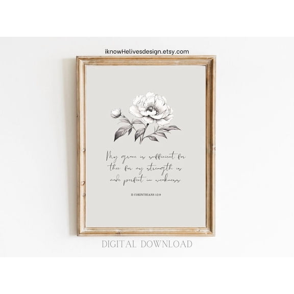 2 Corinthians 12:9 Grace Sufficient Strength Weakness Kjv Foral Text Vintage Wall Art Print Christian Scripture Minimal Bible Decor Unframed Paper Print