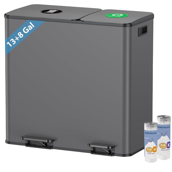 2 Count Dual Compartment Trash Can and Recycling Bin 13+8 Gallon Rectangular Stainless Steel Step-On Pedal With Soft-Close Lid, Removable Inner Buckets, Odor Seal Gray