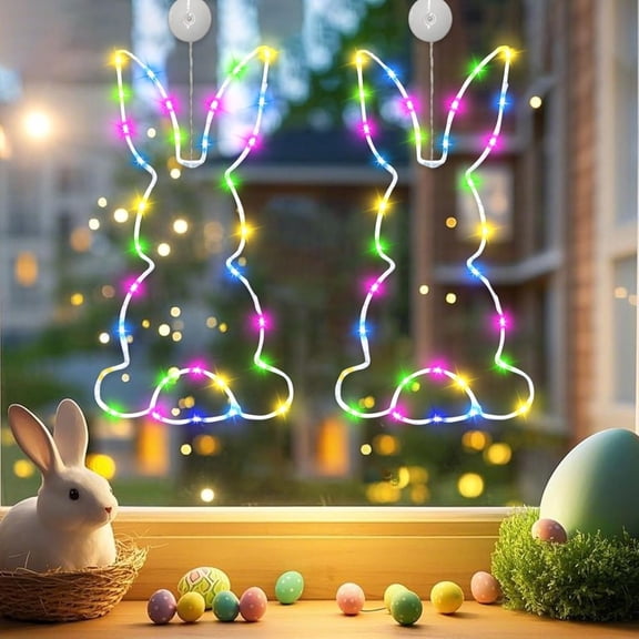 2 Count Illuminated Droopy-Eared Rabbit Led Window Lamps With Suction Cup Base, Colorful Lights For Easter Atmosphere, Battery-Operated Indoor Decor For Windows, Doors, Walls &