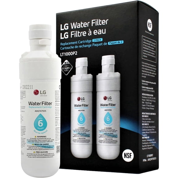 2 Count LT1000P2 6-Month / 200 Gallon Refrigerator Water Filter for LG, Reduces Chlorine, White