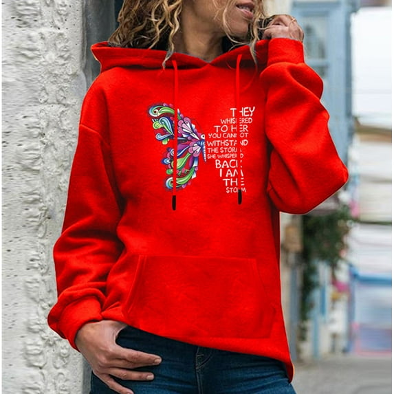 2024 Hot Zip Up Hoodie Women Clearance Sale Women's Printed Pattern Long-Sleeved Round Neck Pullover Hooded Sweatshirt Girlfriend Gifts, Red XL